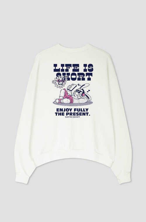 Life Is Short Bio-Baumwoll-Sweatshirt in Elfenbein/Rosa