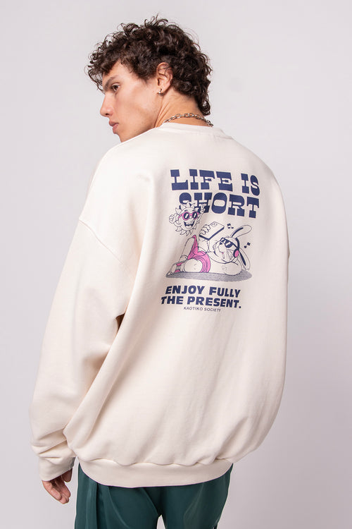 Life Is Short Bio-Baumwoll-Sweatshirt in Elfenbein/Rosa