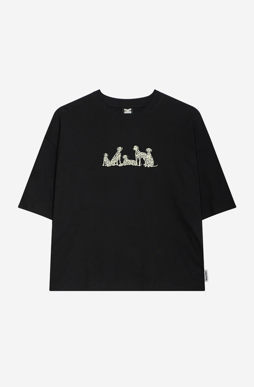 Kurzes schwarzes T-Shirt mit Dalmatiner-Motiv