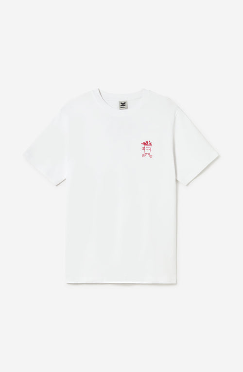 Camiseta unisex Barista Organic White de Kaotiko BCN en color blanco con ilustración frontal de una taza de café y mensaje “be a barista!”.