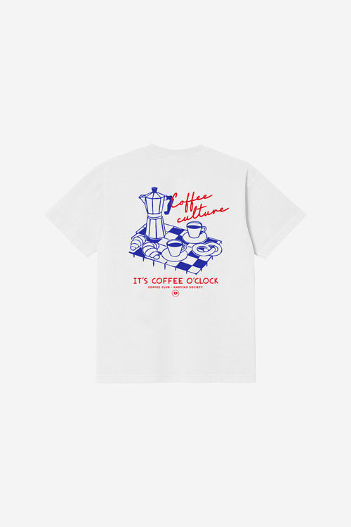 Camiseta blanca unisex con ilustración cafetera y tazas Coffee Culture White Kaotiko BCN
