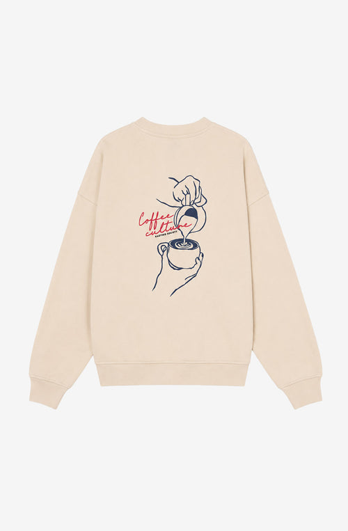 Sudadera Coffee Culture Ivory unisex con bordado frontal y gran ilustración inspirada en la cultura del café en la espalda