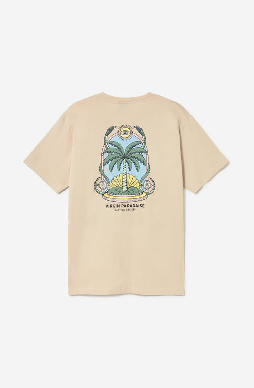 Camiseta Virgin Paradise Stone Kaotiko BCN en color piedra con gráfico frontal estilo tropical vintage y fit relaxed.
