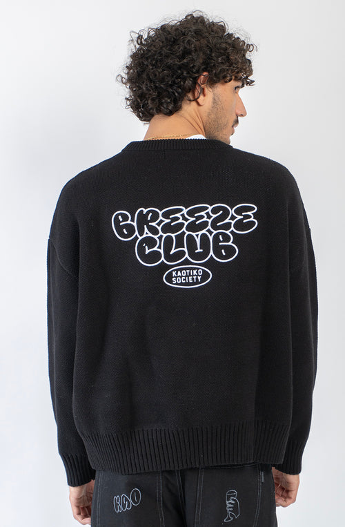 Jersey unisex de punto negro con gráfico azul Breeze Club en la parte delantera.