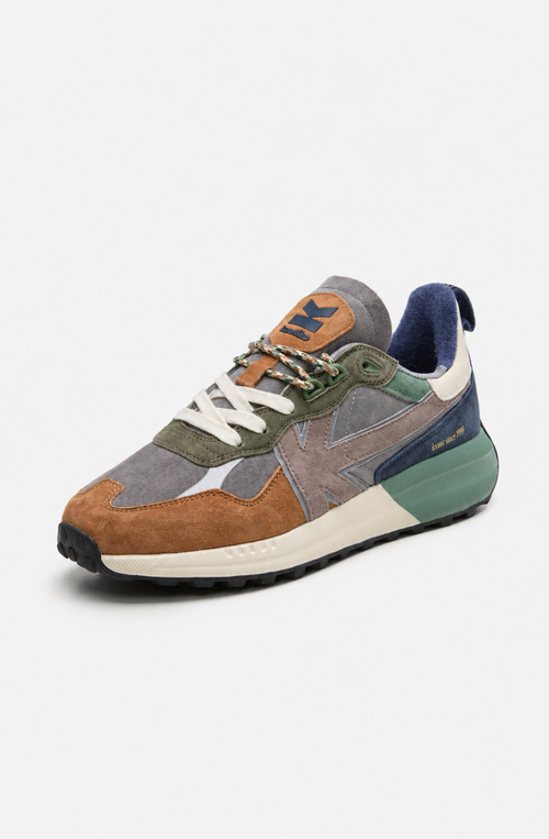 Zapatillas Vancouver Multi Suede Mid Grey en ante y materiales combinados, con detalles gris, camel, verde, azul marino y taupe.