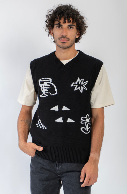 Chaleco unisex de punto negro con gráficos jacquard Breeze Club en blanco.