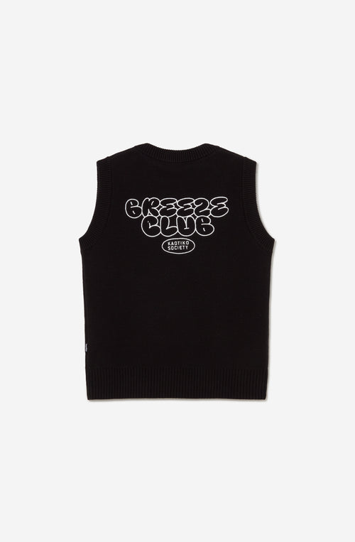 Chaleco unisex de punto negro con gráficos jacquard Breeze Club en blanco.