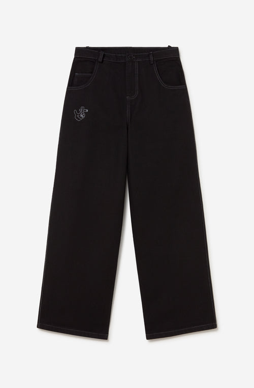 Pantalón unisex de denim negro con ilustraciones bordadas.