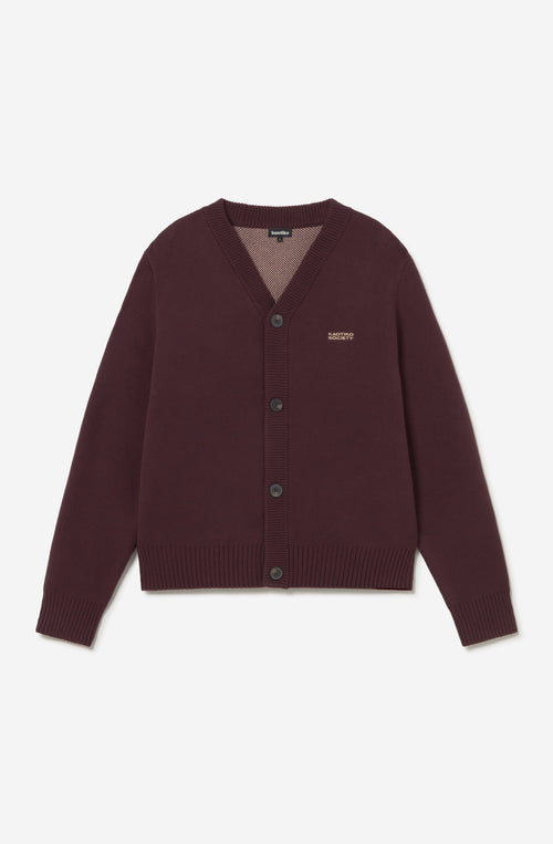 Cardigan unisex de punto marrón con botones, bordado Kaotiko Society en el pecho y gran jacquard de serpiente con detalles inspirados en Japón en la espalda.