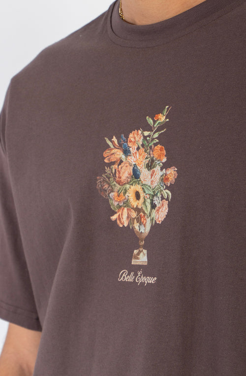 Camiseta Cropped Bouquet Organic Cotton Brown unisex con diseño floral Kaotiko BCN