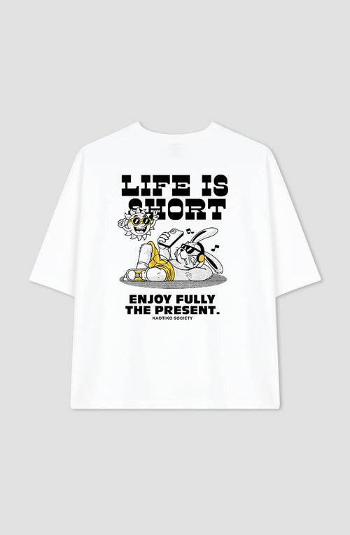 T-shirt Life Is Short Coton Biologique Blanc / Jaune