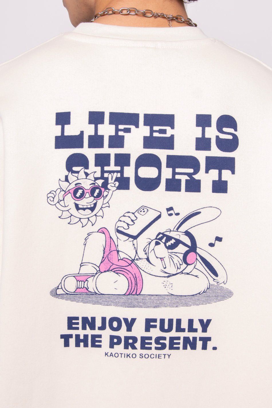 Sudadera Life Is Short Organic Cotton Ivory/Pink