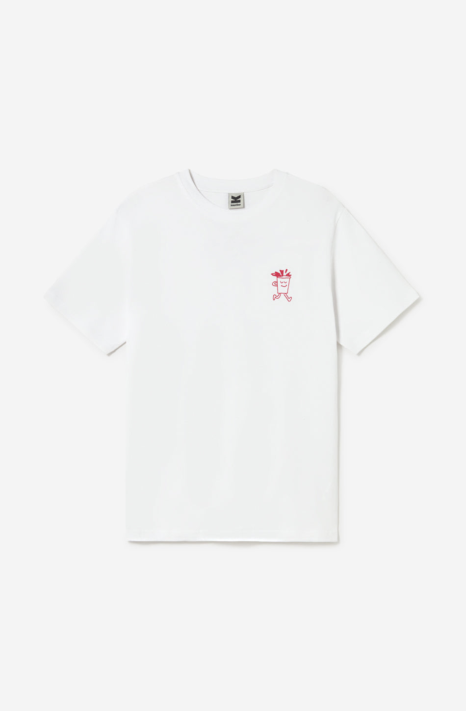 Camiseta unisex Barista Organic White de Kaotiko BCN en color blanco con ilustración frontal de una taza de café y mensaje “be a barista!”.