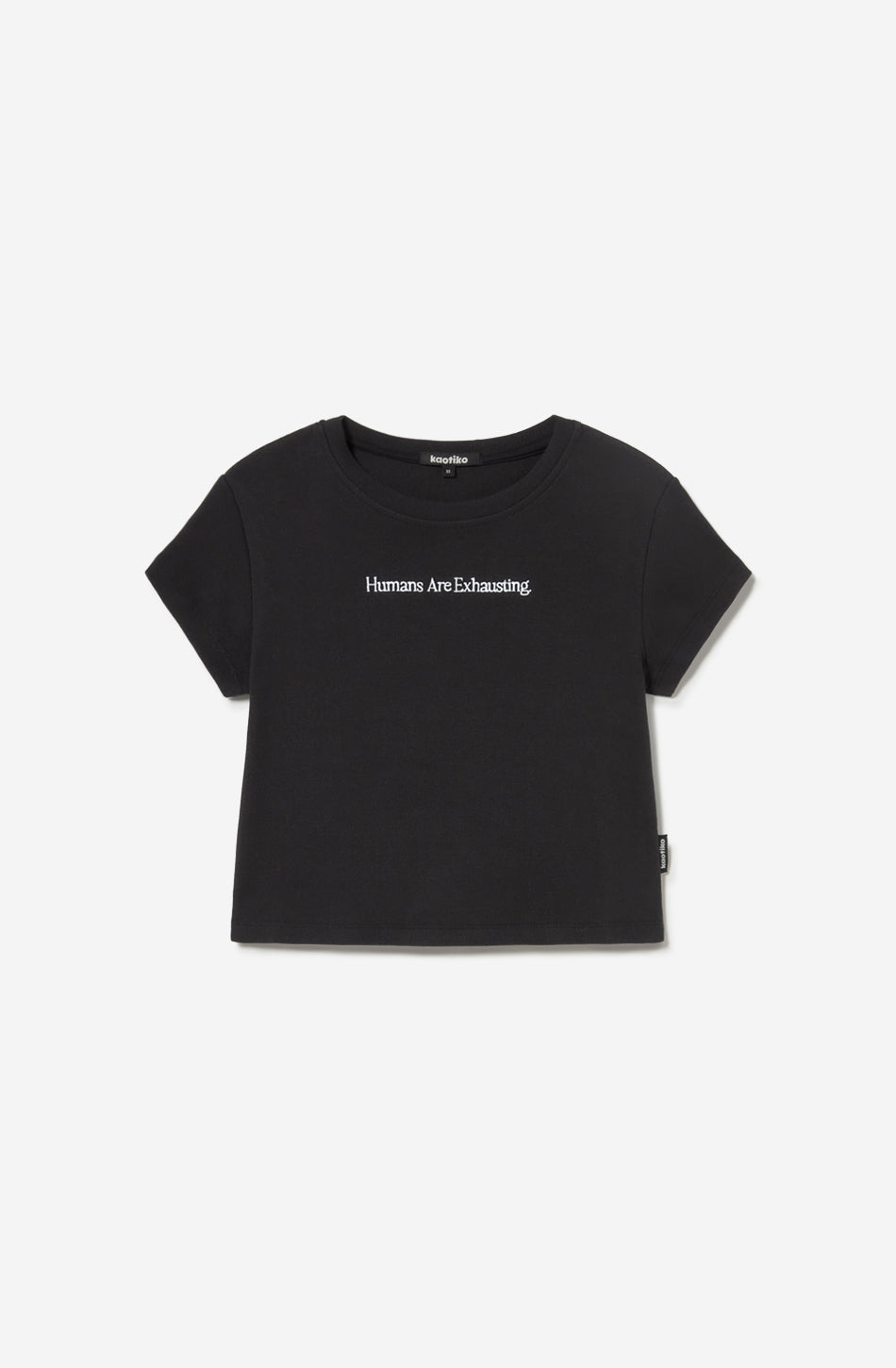 Schwarzes T-Shirt mit der Aufschrift „Menschen sind anstrengend“.