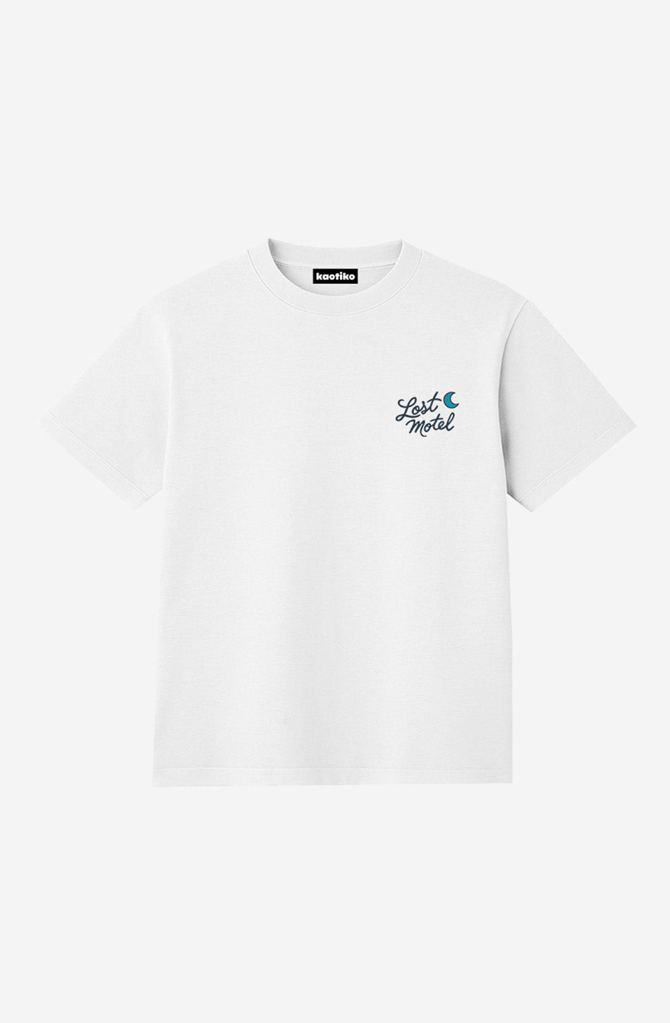 Camiseta blanca unisex con logo Lost Motel en el pecho Lost Motel Cocktails Bar White Kaotiko BCN