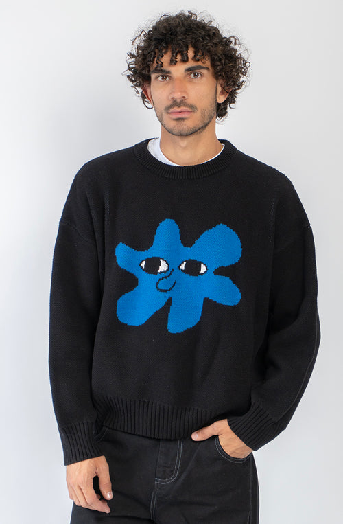 Jersey unisex de punto negro con gráfico azul Breeze Club en la parte delantera.