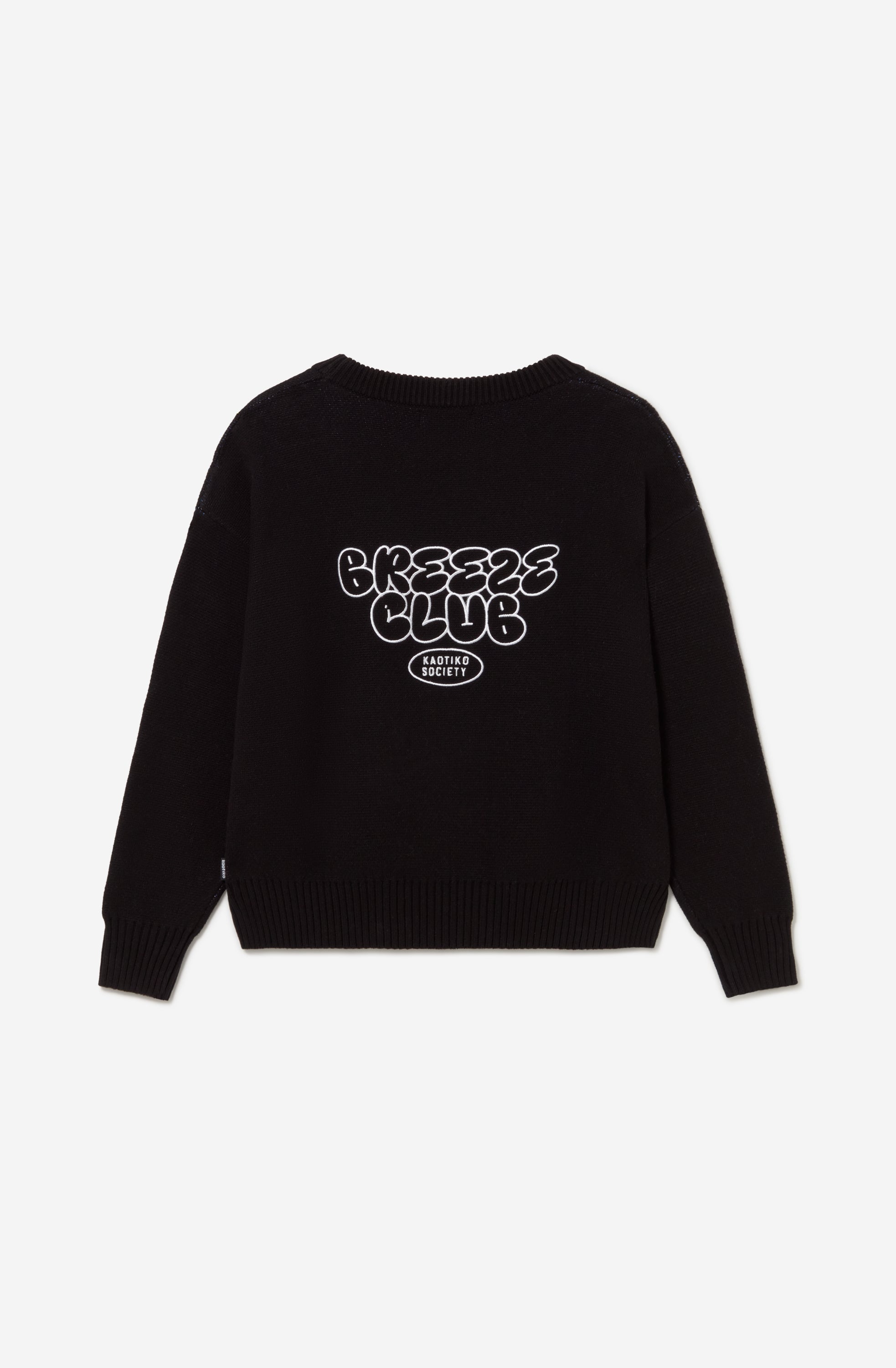 Jersey unisex de punto negro con gráfico azul Breeze Club en la parte delantera.