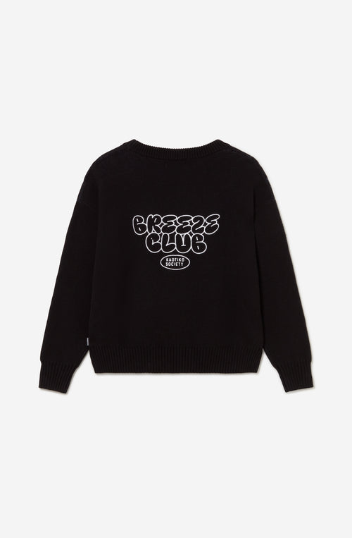 Jersey unisex de punto negro con gráfico azul Breeze Club en la parte delantera.