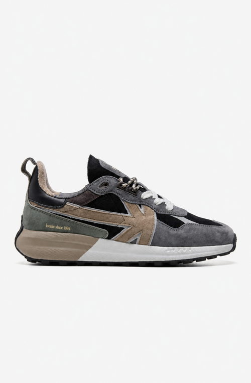 Zapatillas Vancouver Multi Suede Black en ante y materiales combinados, con detalles en negro, gris, beige y verde y logo Kaotiko lateral.
