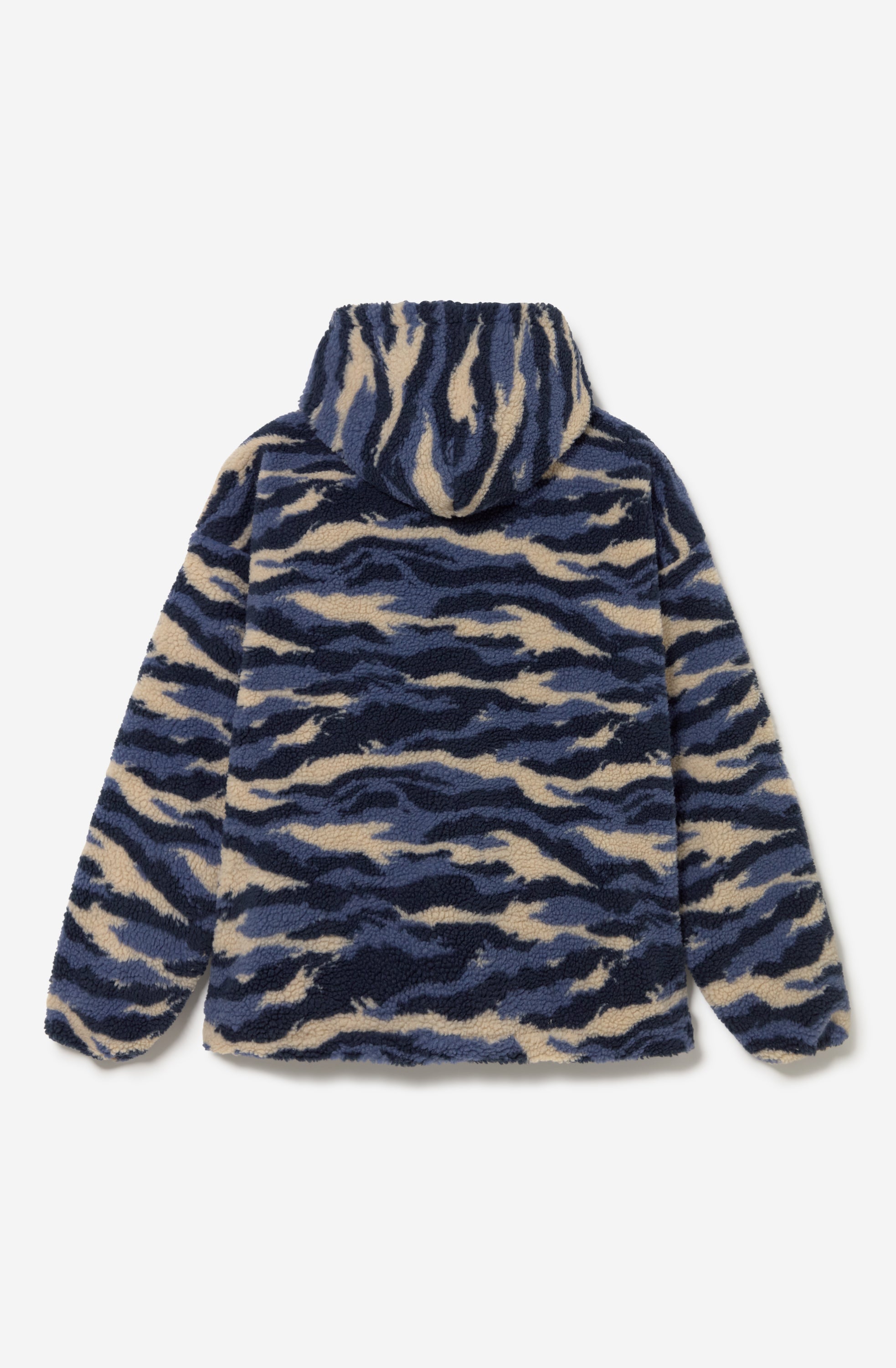 Polar Après Ski Ivory de tejido fleece con estampado abstracto azul marino, azul y marfil, capucha y media cremallera.