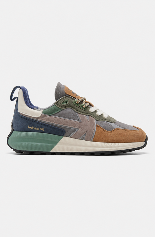 Zapatillas Vancouver Multi Suede Mid Grey en ante y materiales combinados, con detalles gris, camel, verde, azul marino y taupe.