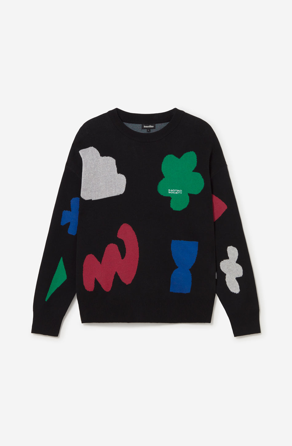 Jersey negro Kaotiko Black Breeze con gráficos geométricos multicolor y cuello redondo.