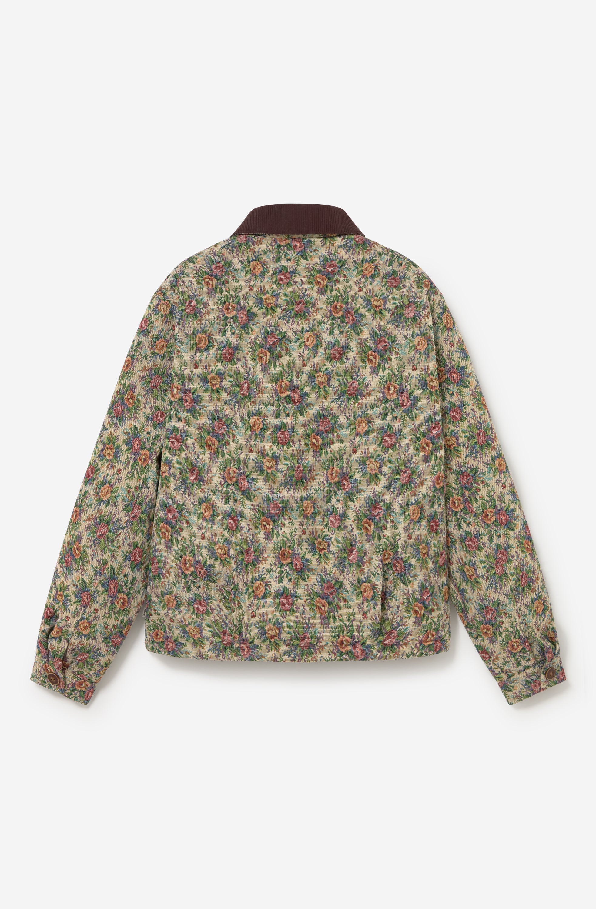 Chaqueta Belle Époque Tapestry con estampado floral multicolor, cuello marrón a contraste y cierre frontal de cremallera.