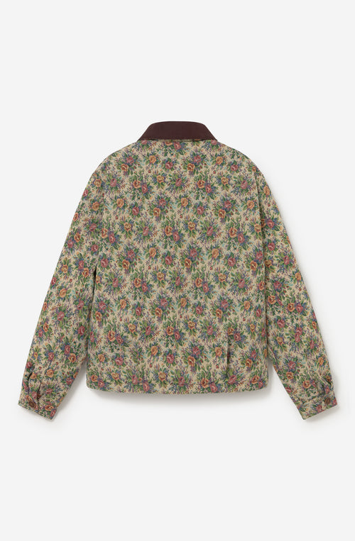 Chaqueta Belle Époque Tapestry con estampado floral multicolor, cuello marrón a contraste y cierre frontal de cremallera.