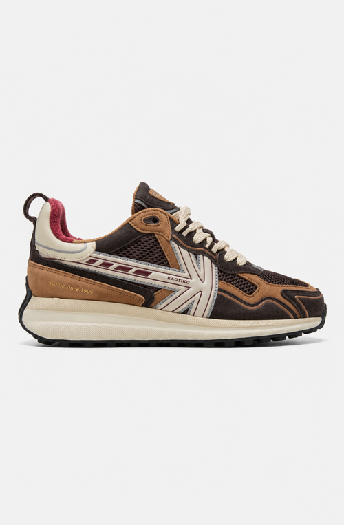 Zapatillas Kaotiko Detroit Tech Brown en tonos marrones con paneles de malla, detalles beige y burdeos y suela elevada.