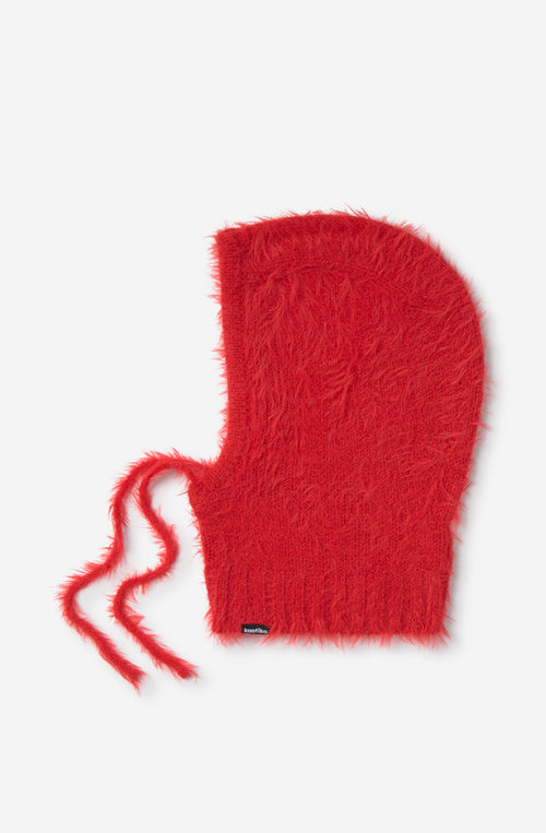 Balaclava unisex de punto efecto pelo en color rojo con cordón ajustable e inspiración après ski.