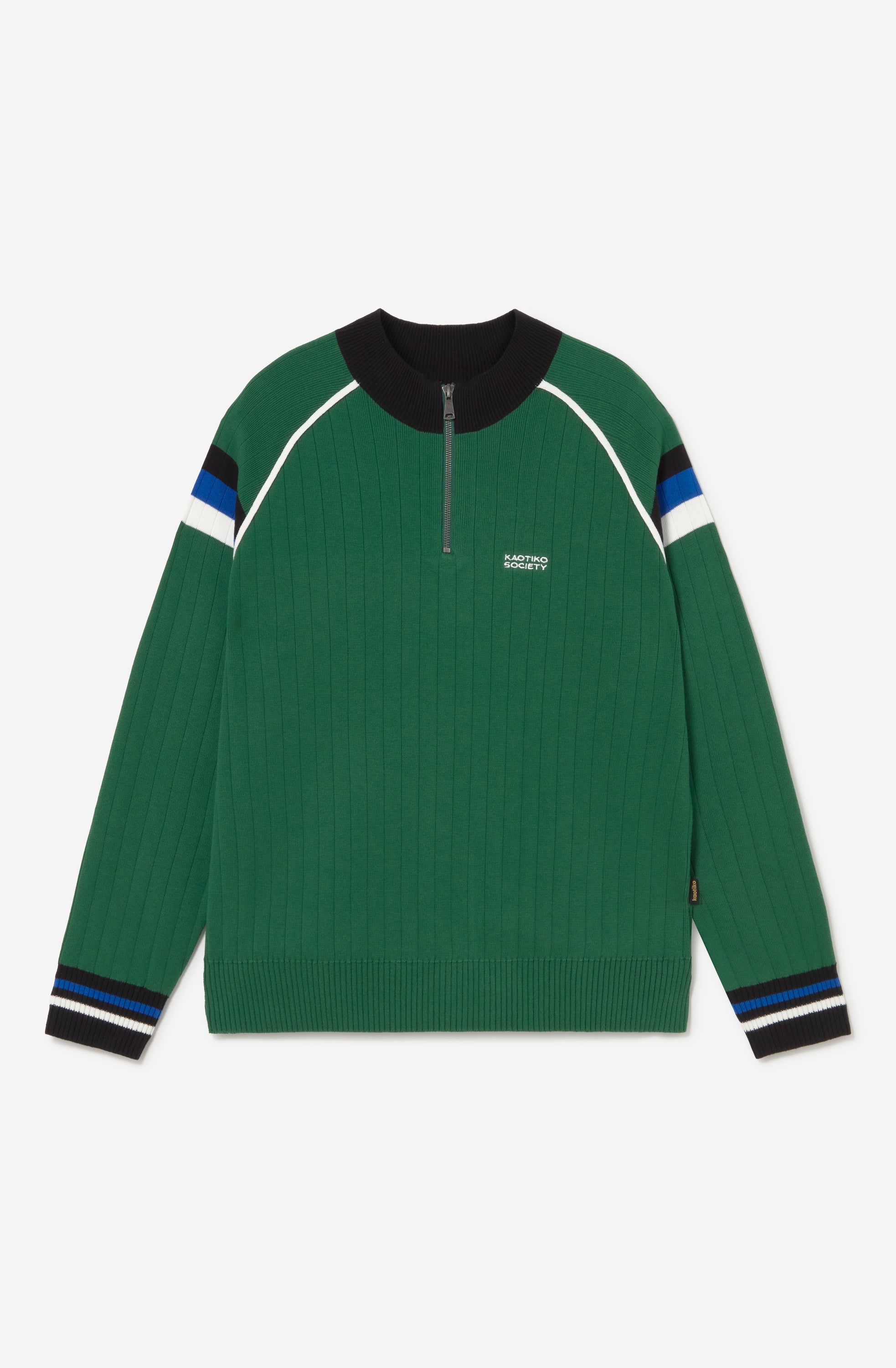 Jersey de punto verde con media cremallera, cuello alto y detalles deportivos en blanco, negro y azul.