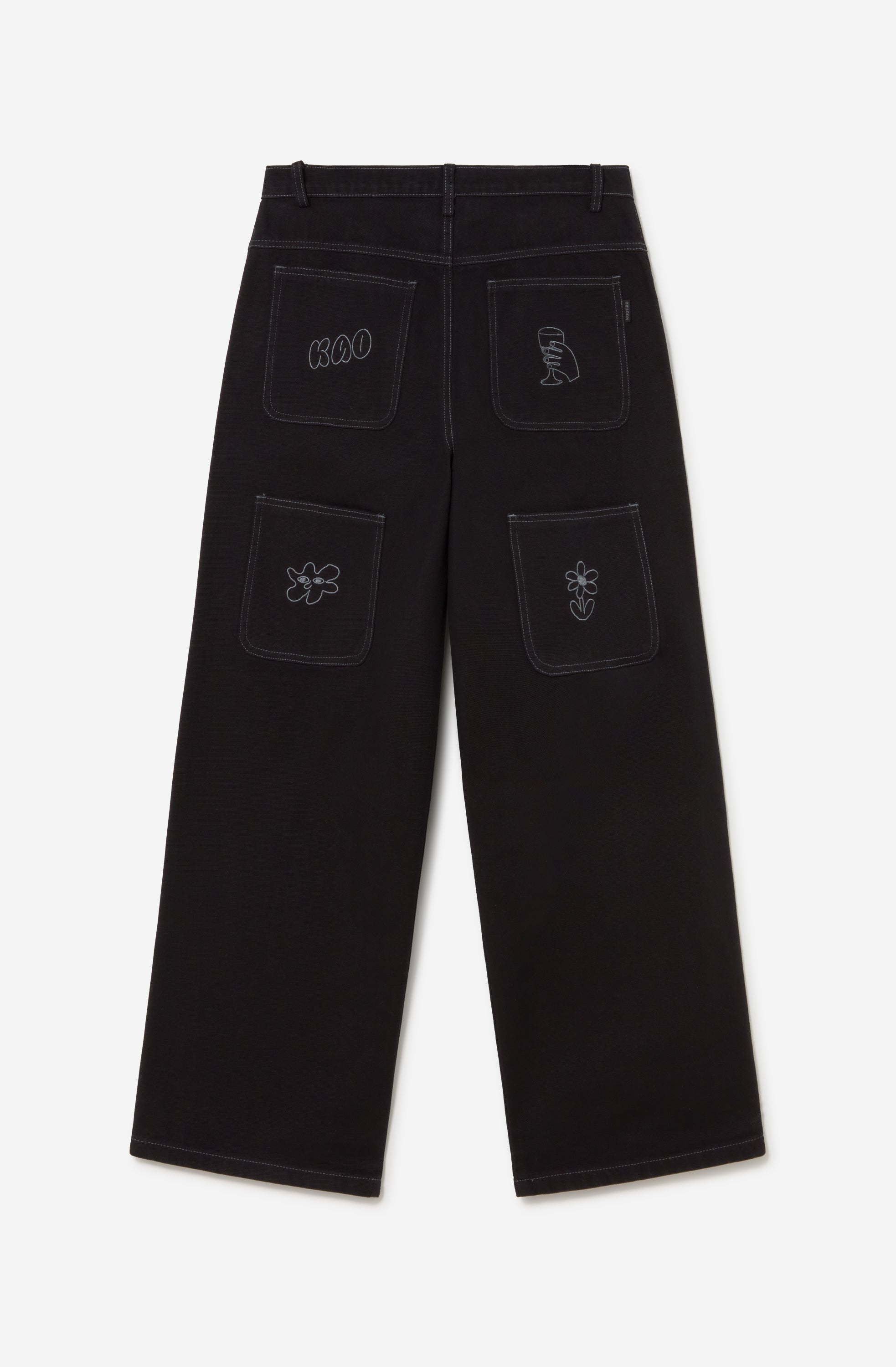 Pantalón unisex de denim negro con ilustraciones bordadas.