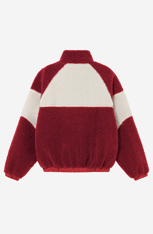 Polar fleece de tejido sherpa en marfil y rojo con cremallera, cuello alto y bordados Après Ski y Kaotiko Society.