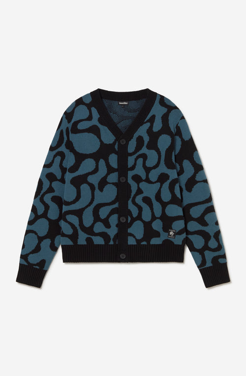 Cardigan unisex de punto con diseño jacquard azul y negro.