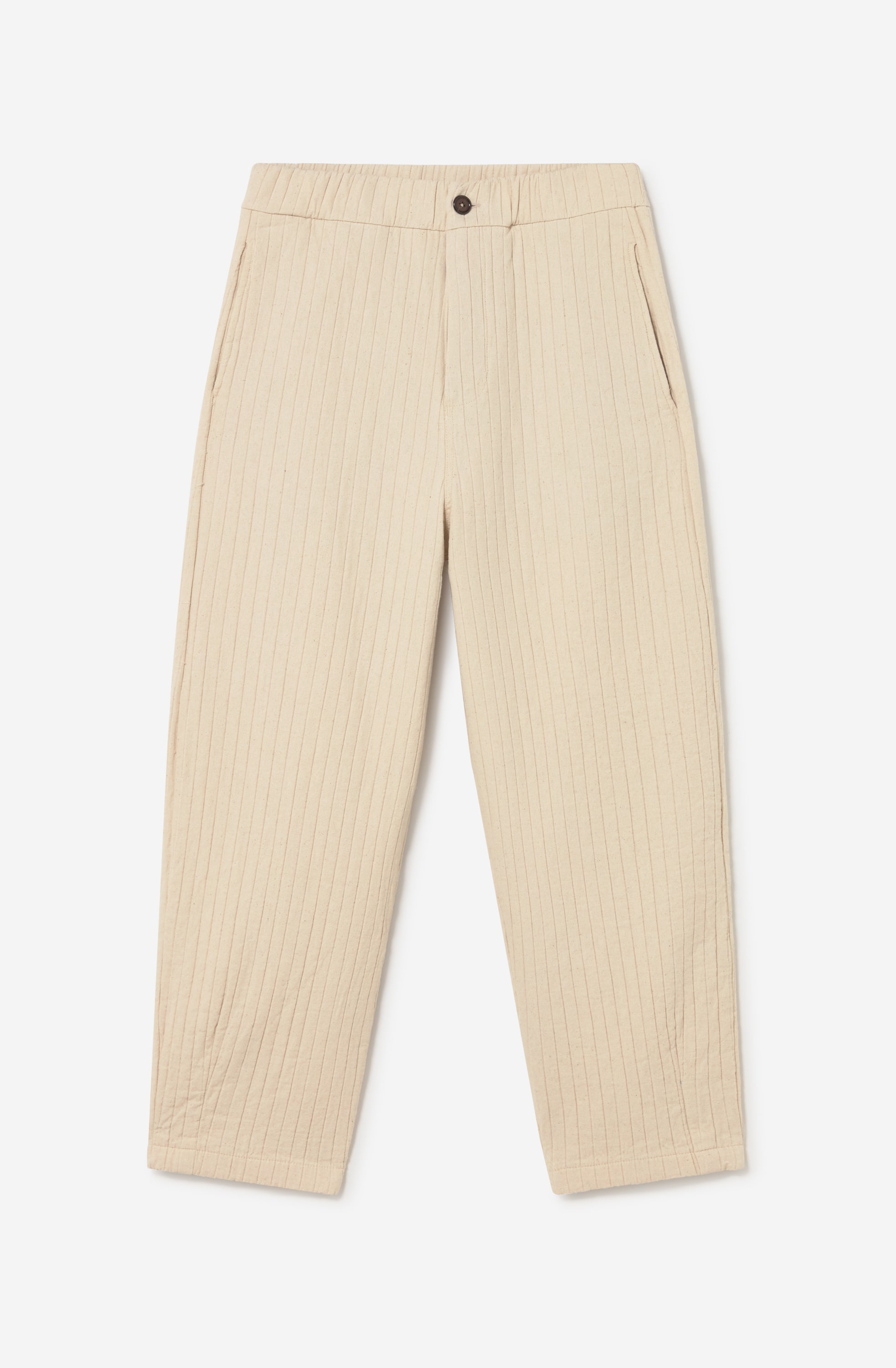 Pantalón unisex color natural con textura de rayas verticales, pierna recta y bolsillos laterales.