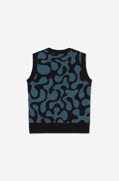 Chaleco unisex de punto con diseño jacquard azul y negro.