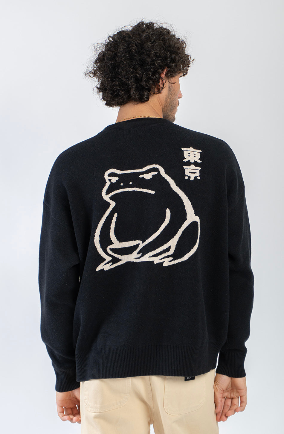 Jersey unisex de punto negro con detalle de caracteres japoneses en el pecho y gran jacquard de una rana con gráficos inspirados en Japón en la espalda.