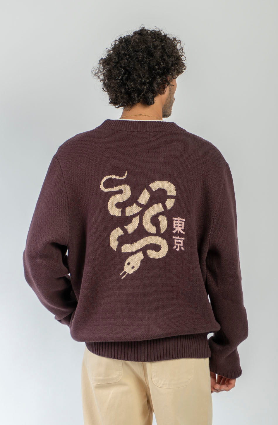 Cardigan unisex de punto marrón con botones, bordado Kaotiko Society en el pecho y gran jacquard de serpiente con detalles inspirados en Japón en la espalda.