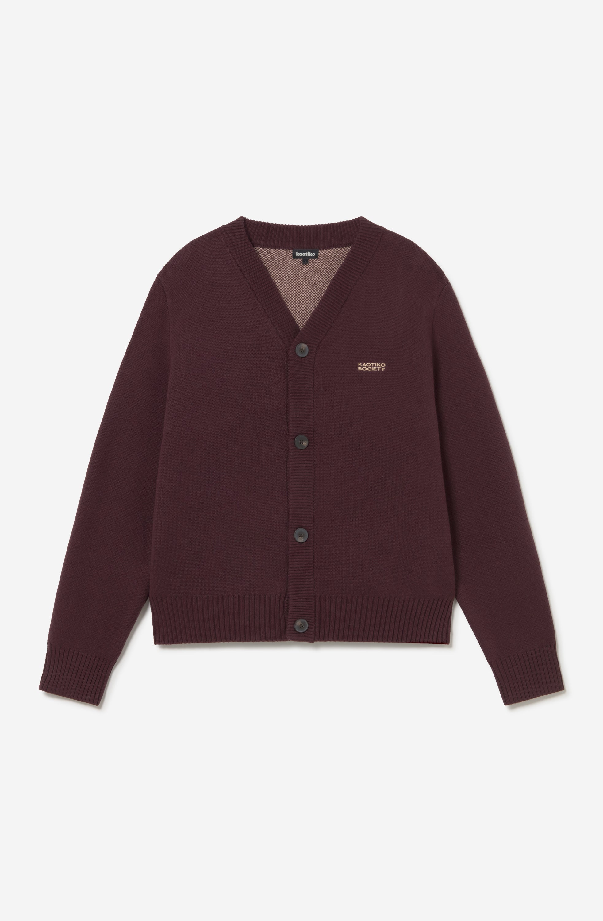 Cardigan unisex de punto marrón con botones, bordado Kaotiko Society en el pecho y gran jacquard de serpiente con detalles inspirados en Japón en la espalda.