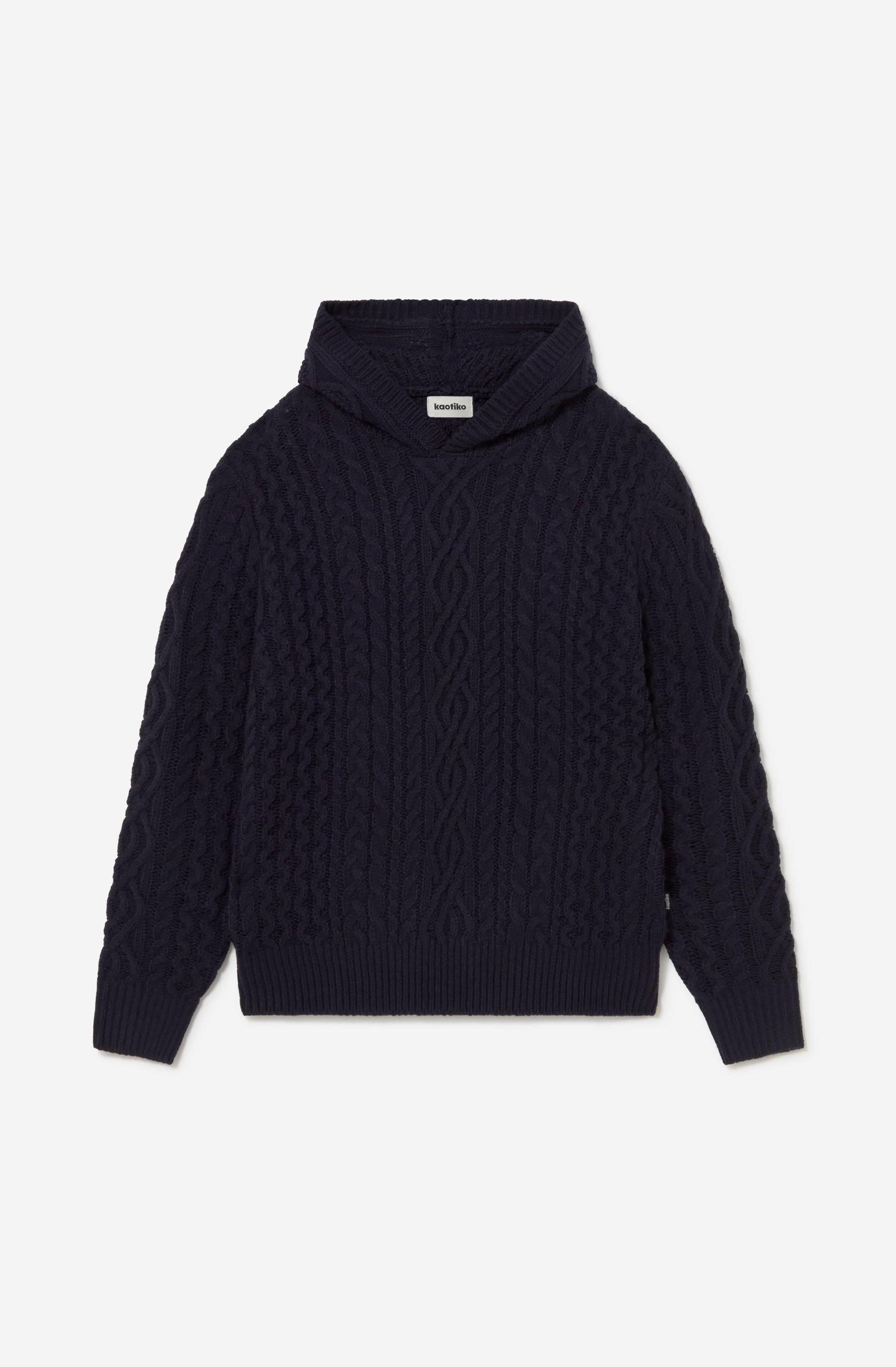 Sudadera unisex de punto trenzado azul marino con capucha y fit relajado de inspiración après ski.