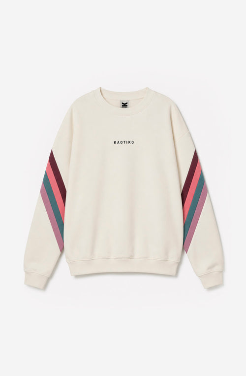 Sudadera Walker unisex color Ivory con franjas Orchid, Wine y verde