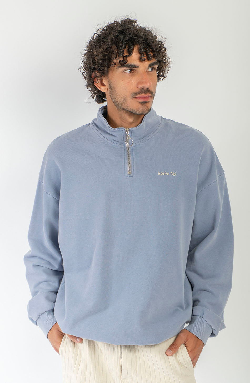 Sudadera Zipper Washed Ski Steel unisex azul acero lavado con cuello alto y media cremallera