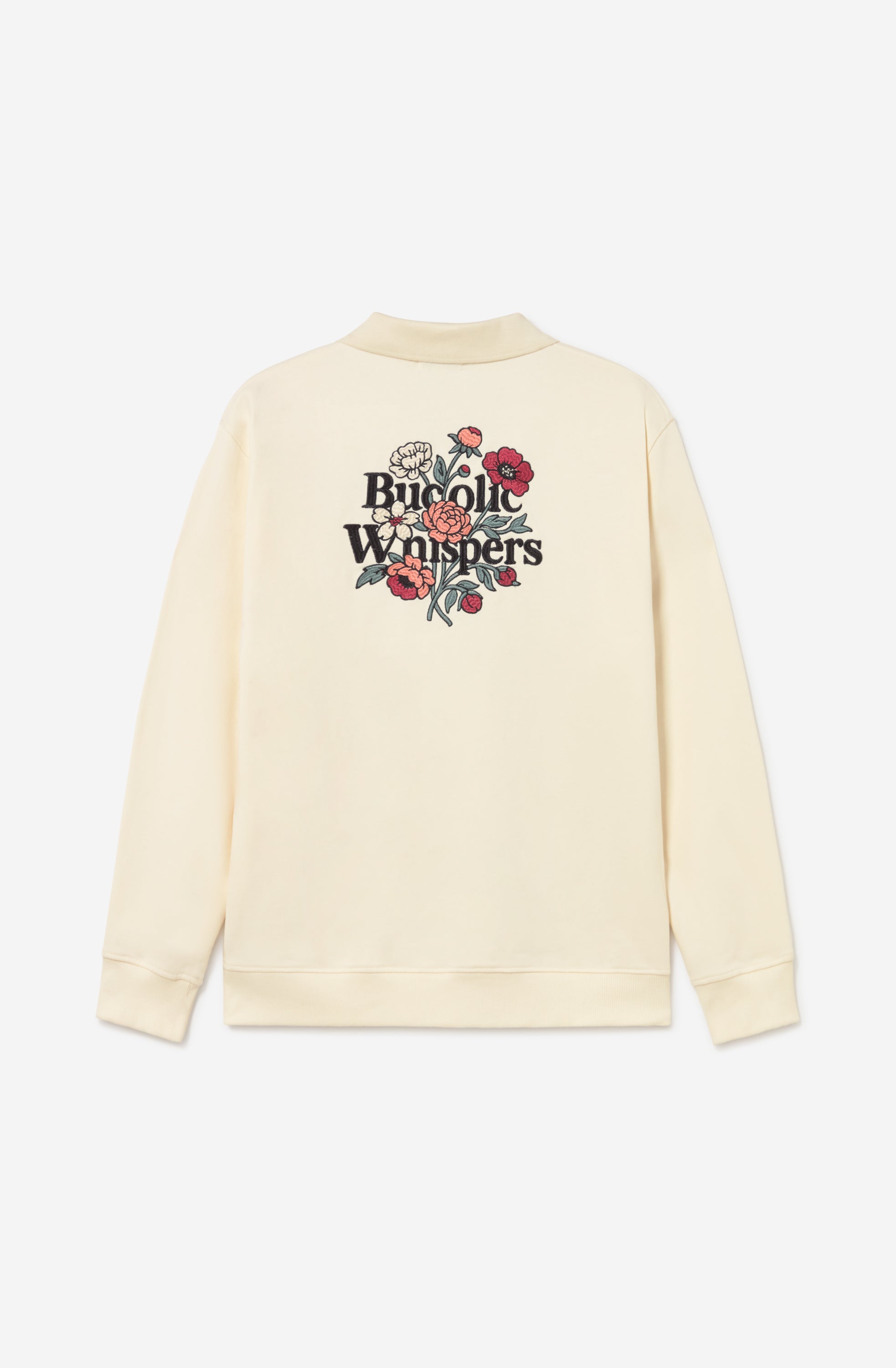 Sudadera zipper ivory con cuello polo, logo Bucolic Whispers en el pecho y bordado floral en la espalda.