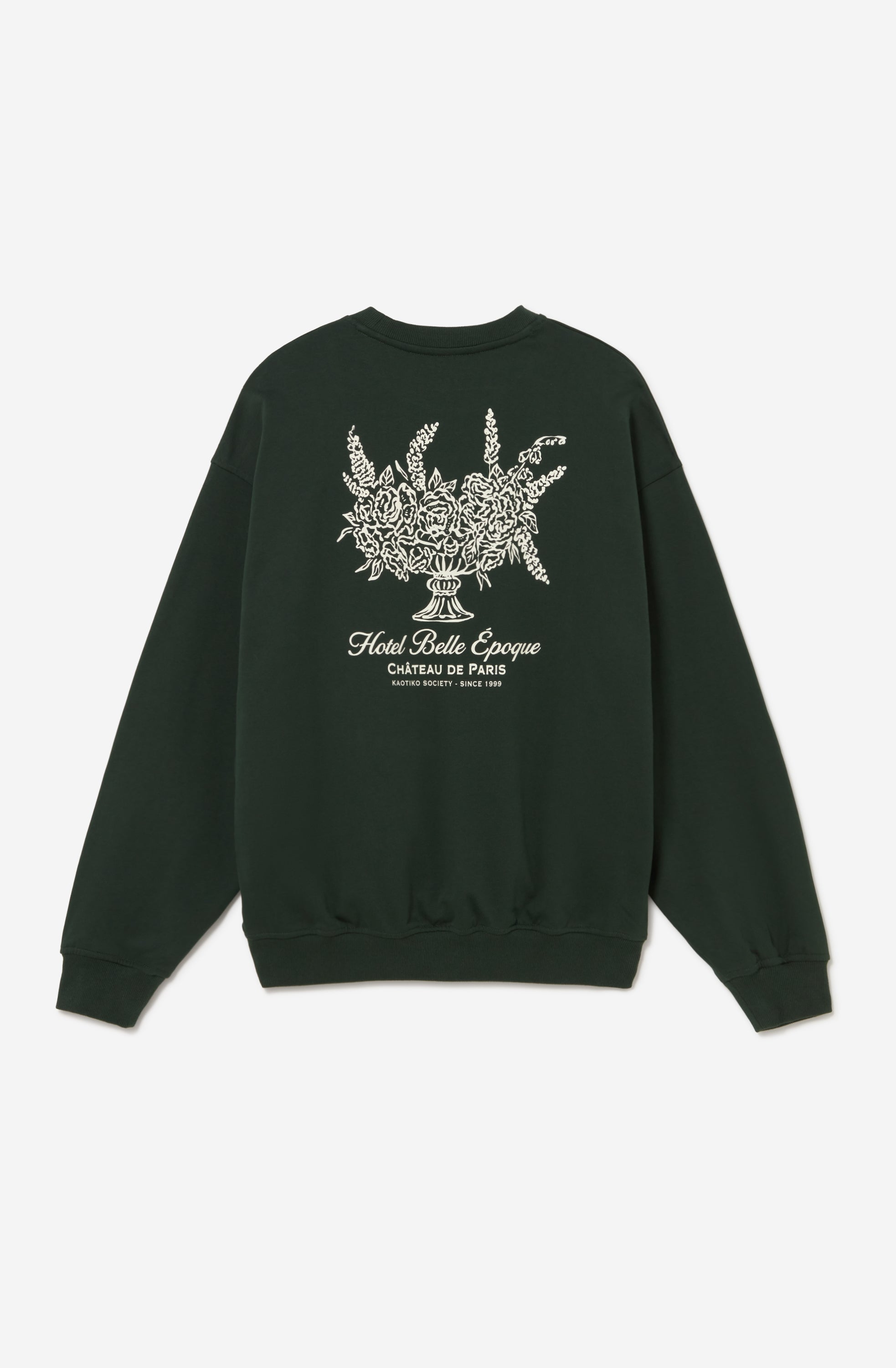 Sudadera oversize unisex verde con ilustración floral vintage en la espalda.