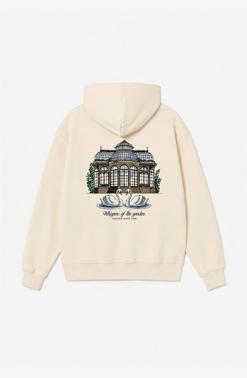 Sudadera oversize color marfil con capucha y gráfico Garden de invernadero y cisnes en la espalda.