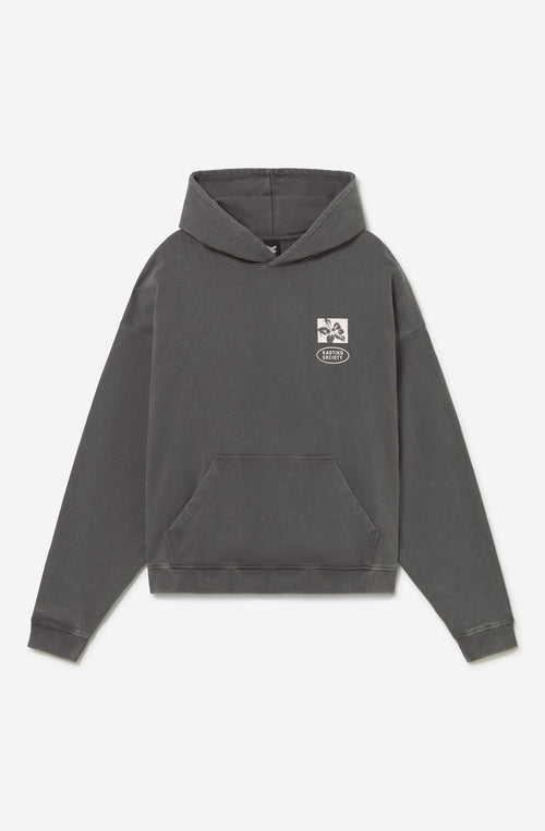 Sudadera oversize gris oscuro con acabado washed, capucha, bolsillo canguro y gráficos Bad Romance de Kaotiko Society.