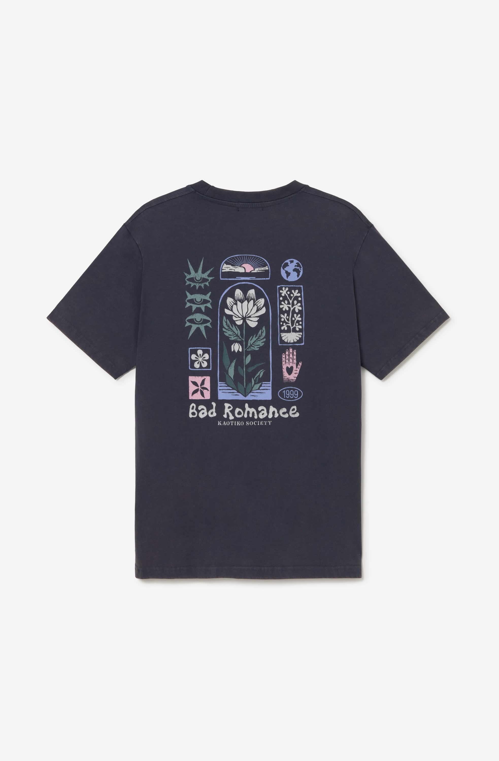 Camiseta Geometric Flower Sea Storm unisex azul tormenta con estampado floral geométrico artístico en la espalda