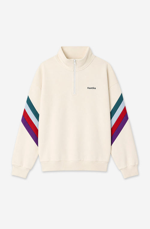 Sudadera Zipper Walker unisex color Ivory con media cremallera y franjas multicolor