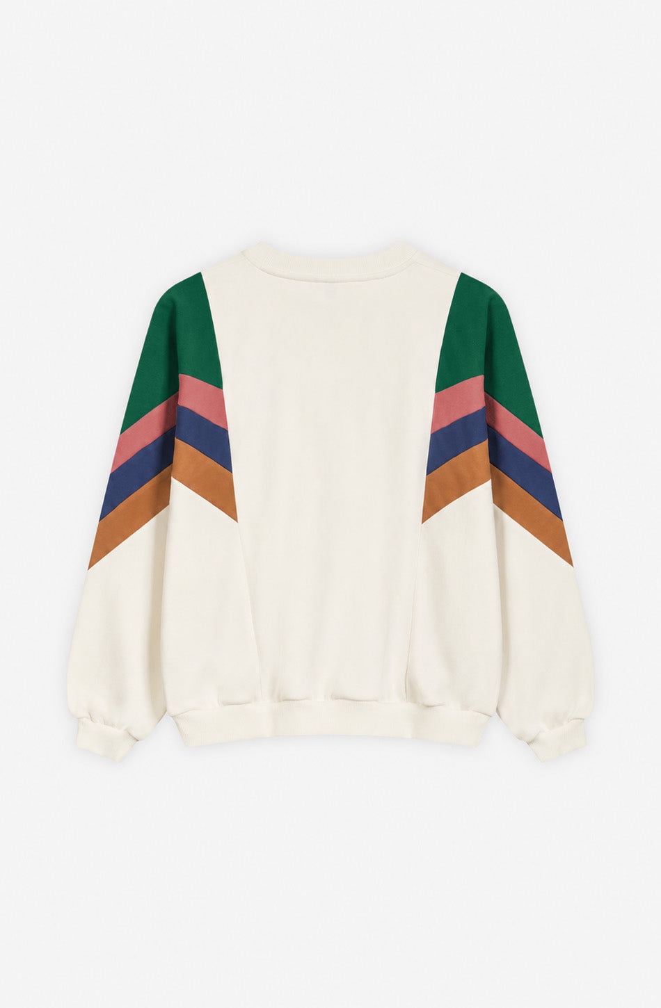 Sudadera unisex Ginger en color crudo con franjas diagonales verdes, rosas, azul marino y naranja en las mangas, cuello redondo y logo Kaotiko en el pecho.