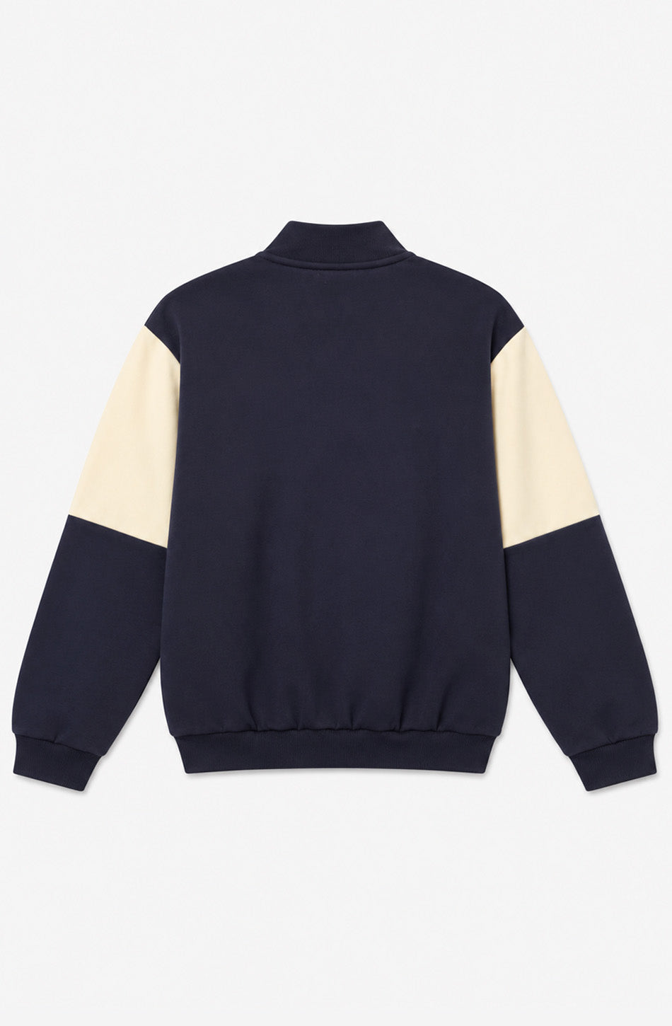 Sudadera unisex Tupoc azul marino con paneles verdes y crudos, cuello alto con media cremallera y logo Kaotiko en el pecho.
